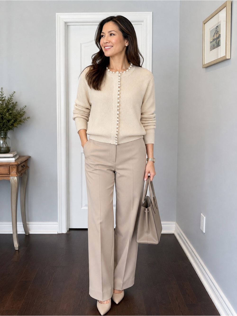 H&M Cream Pearl-Button Knit Cardigan Sweater - Size M
